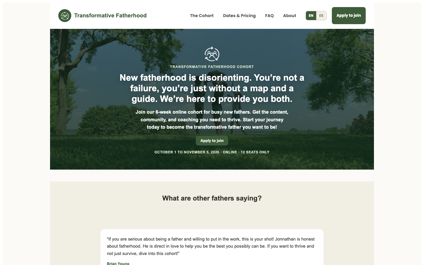Sitio web de Transformative Fatherhood, cohorte de paternidad bilingüe